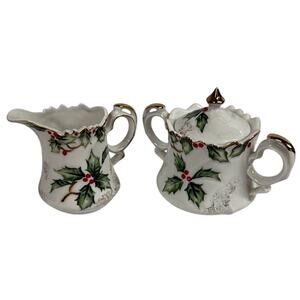Vintage Lefton China‎ Christmas Holly Hand Painted Creamer & Sugar Set NE1965